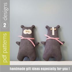 teddy bears sewing patterns pdf, 2 rag dolls tutorials, stuffed animals patterns, soft toy sewing diy