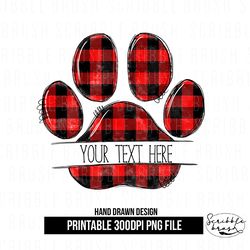 Split Red Plaid Dog Paw Print Monogram Sublimation PNG Design