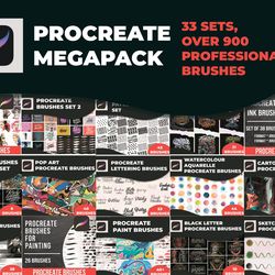 PROCREATE MEGAPACK BRUSHES. Includes 33 sets, over 900 brushes. An updatable set of all my builds. Great set to start!
