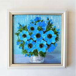 Blue accent wall living room, Flower canvas wall art, Flower bouquet paintings, Impressionist floral painting, Wall art