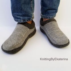 Mens Knit Moccasins Mens Knit Slippers Knitted Slipper Socks Hand Knit Wool Socks Travel Slippers Bed Socks House