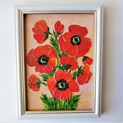 Poppy wall art, Textured wall art, Bright floral canvas wall art, Impasto painting for sale, Acrylic framed art