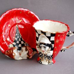 cup & saucer Tea set , Face mug, Pierrot Mood sculpture cup red art mug Porcelain coffee mug. exclusive handmade gift