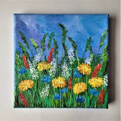 Dandelion wall art, Flower painting on canvas, Painting on mini canvas, Small wall decor, Wildflowers acrylic painting