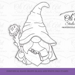 Wizard gnome Colouring Page, Gnome Digital Stamp, Printable coloring pages. Instant Download