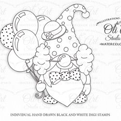 Clown Gnome Stamps. Colouring Page, Gnome Digital Stamp, Printable coloring pages. Instant Download