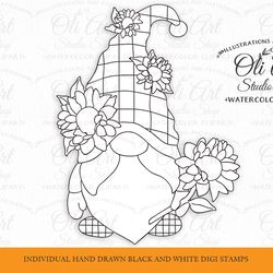 Sunflowers Gnome Stamps. Colouring Page, Gnome Digital Stamp, Printable coloring pages. Instant Download
