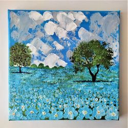 Blue floral canvas wall art, Landscape art, Bright floral wall art, Flower painting acrylic, Texture painting on canvas