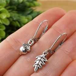 Silver Acorn Oak Leaf Mismatched Earrings Woodland Botanical Forest Nature Asymmetric Mono Earrings Boho Jewelry 7688