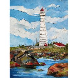 Lighthouse Painting Coast Original Art Impasto Small Oil Painting Modern Artwork Abstract Landscape Wall Art by AlyonArt