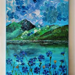 Landscape mountain painting, Texture mountain painting, Mountain lake landscape painting, Vertical landscape painting