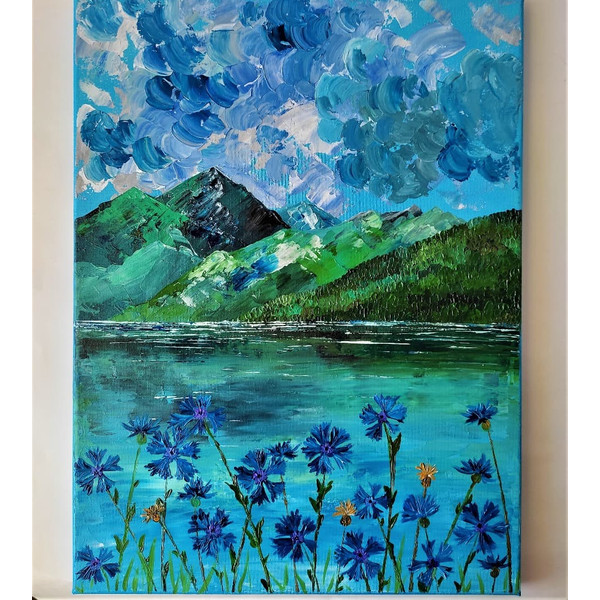 Handwritten-landscape-mountain-lake-and-wildflowers-cornflowers-by-acrylic-paints-1.jpg