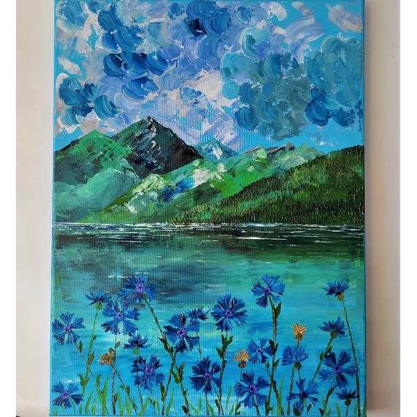 Handwritten-landscape-mountain-lake-and-wildflowers-cornflowers-by-acrylic-paints-2.jpg