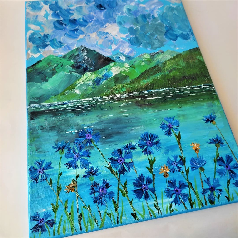 Handwritten-landscape-mountain-lake-and-wildflowers-cornflowers-by-acrylic-paints-4.jpg