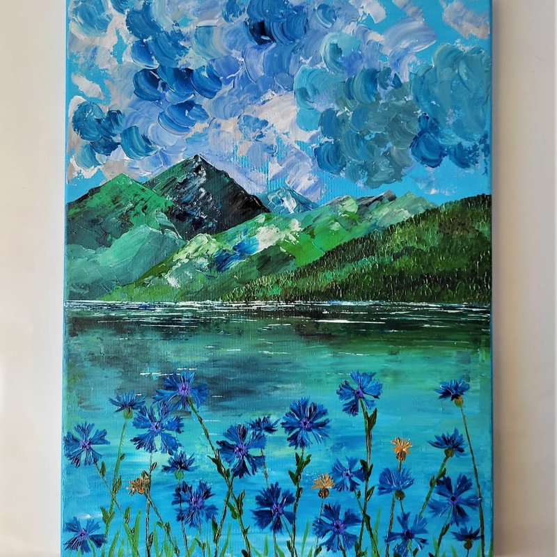 Handwritten-landscape-mountain-lake-and-wildflowers-cornflowers-by-acrylic-paints-7.jpg