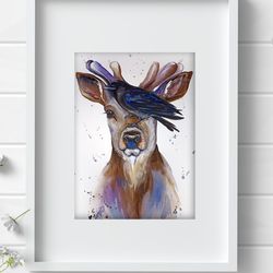 Original watercolor painting, deer and bird animal, elk art, not print by Anne Gorywine