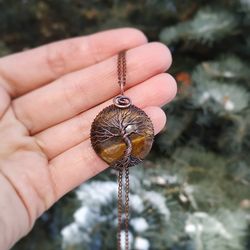 7th Wedding Anniversary Gift for Wife, Tigers Eye Copper Tree Of Life Pendant Necklace, Copper Anniversary Gift for Her