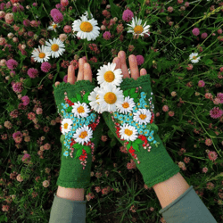 Green mittens with embroidery Hand Knitted embroidered Fingerless Gloves,Clothing And Accessories