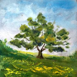Oak Tree Painting Original Oil Landscape Painting Field Flowers Art Oil Painting 7 by 5