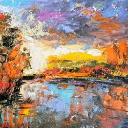 Autumn Landscape Original Oil Painting Abstract Art River Painting Fall Tree Artwork Small Impasto Colorful Painting