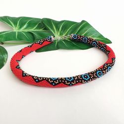 Red bead necklace Crochet rope beaded necklace for women