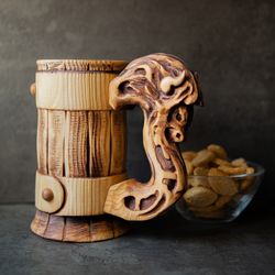 buffalo custom beer mug with rustic wood engraved handle, classic german and viking style ale tankard, wooden stein