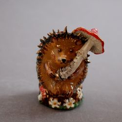 Hedgehog figurine Cute handmade porcelain figurine Mushroom umbrella fly agaric Hedgehog on stump Christmas ornament