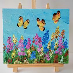 Butterfly wall art framed, Floral paintings, Bright floral wall art, Wildflowers acrylic painting, Textured wall art