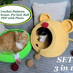 Set crochet pattern cat house pet bed and crochet ball Digital tutorial manual in PDF Format Crochet cat furniture