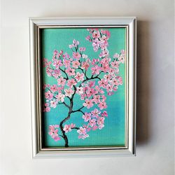 Pink cherry blossom painting, Sakura wall art, Framed art, Flower canvas wall art, Small wall decor, Impasto art