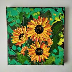 Sunflower bouquet painting, Sunflower wall art, Impasto sunflower painting, Wall artwork, Sunflower painting canvas