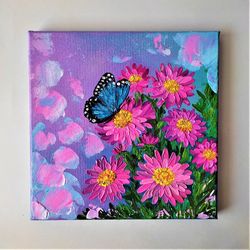 Aster flowers, Blue butterfly paintings on canvas, Pictures of aster flowers, Textured acrylic painting, Wall artwork