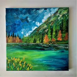 Fall mountain painting, Mountain lake landscape painting, Original landscape painting, Mountain impressionist painting