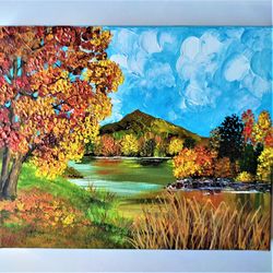 Autumn landscape painting, Fall landscape painting, Nature painting on canvas, Palette knife landscape painting