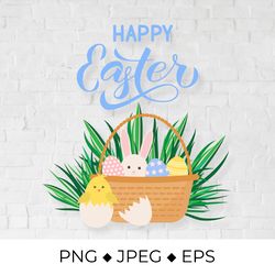 happy easter. basket of eggs, bunny and cute cartoon chicken
