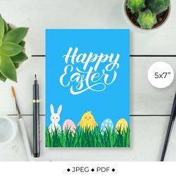 easter card. eggs, bunny and cute cartoon chicken on grass.