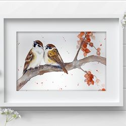 Sparrows watercolor bird painting birds on a branch 7x10 inch original art by Anne Gorywine