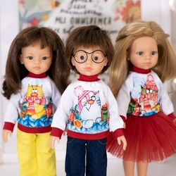 Christmas sweatshirt for 13" dolls Paola Reina, Siblies, Little Darling, Minouche, Christmas costume cat print, clothes