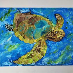 Textured wall art canvas, Artwork for living room, Painting on canvas board, Sea turtle impasto paintings, Best wall art
