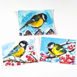 Chickadee Painting ACEO Bird Original Art Set Three Watercolor Small Art Card Animal Tit by PaintingsDollsByZoe