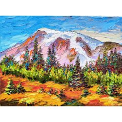 Mount Rainier Painting Washington State Original Wall Art Mount Rainier National Park Oil Painting on Canvas by 12x16 in