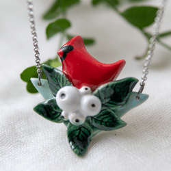 Cute ceramic cardinal bird necklace Red cardinal pendant Bird lover gift Cottagecore jewelry