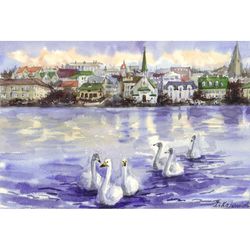 View of Reykjavik and swans. Original watercolor painting 7.2x10.4''