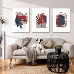 Leaf Print 3 Piece Prints Navy Red Art Printable Wall Art Abstract Painting Large Art Triptych Set Of 3 Botanical Poster
