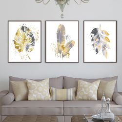 Leaves Print Botanical Poster Yellow Gray Art 3 Piece Prints Printable Wall Art Abstract Leaf Triptych Painting Set Of 3