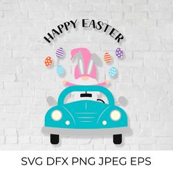 easter retro car with cute gnome svg