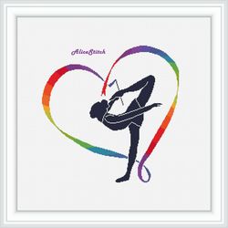 Cross stitch pattern sport Gymnast Ribbon Heart silhouette rhythmic gymnastics rainbow counted crossstitch patterns PDF