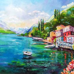 Lake Como Painting Original Oil Painting Italian Landscape Seascape Painting Canvas Art Seaside Town Home Decor 35x24 in