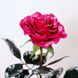 Handmade snowy Rose flower on stem. Real touch magenta Rose. Red snowy rose flower for gift. Unique red  snowy rose