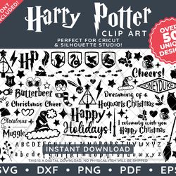 sale: harry potter clip art svg dxf png pdf - mega 50 plus christmas designs bundle with bonus illustration & free font!